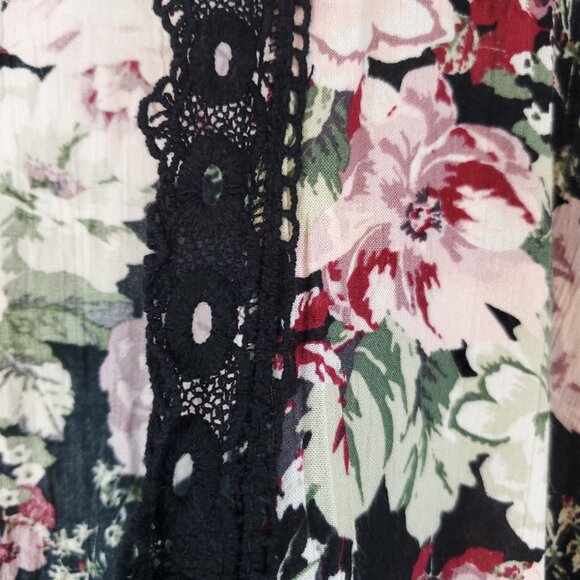 Libery Love Black/Pink Floral Print Tie Front Lace Edge Wmns Sz XL Kimono Blouse - Picture 11 of 15